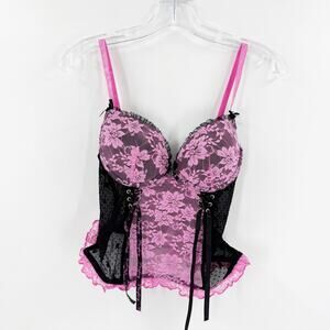 Playboy Intimates Pink & Black Lace Corset Lingerie Bustier 36C Sexy